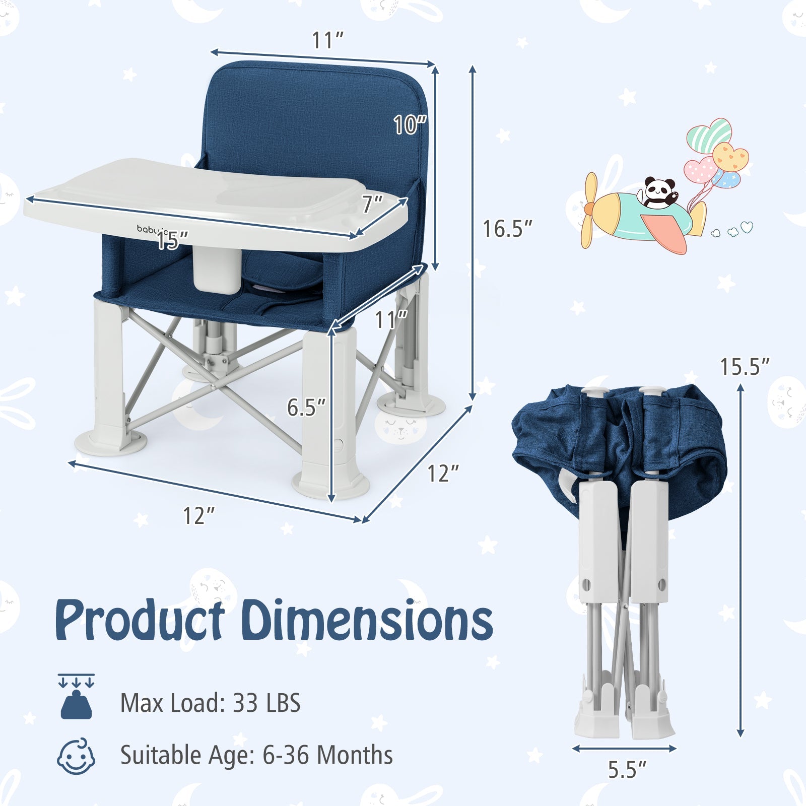 Portable Baby Booster Seat with Straps and Double Tray