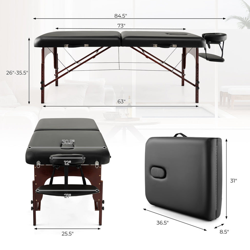 Folding Massage Table with Height-adjustable Beech Wood Frame-Black
