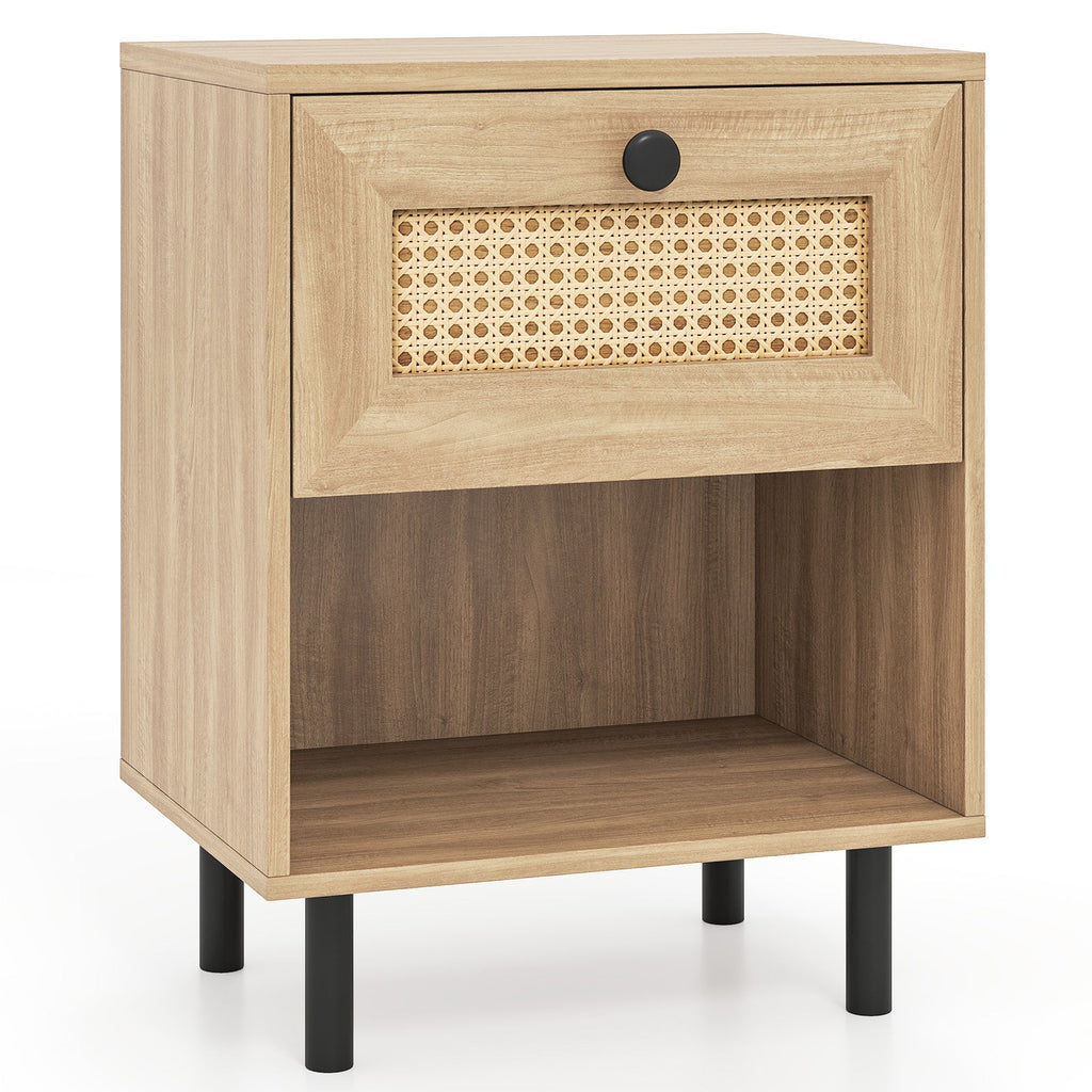 Rattan Nightstand Boho End Table with Rattan Drawer and Open Shelf
