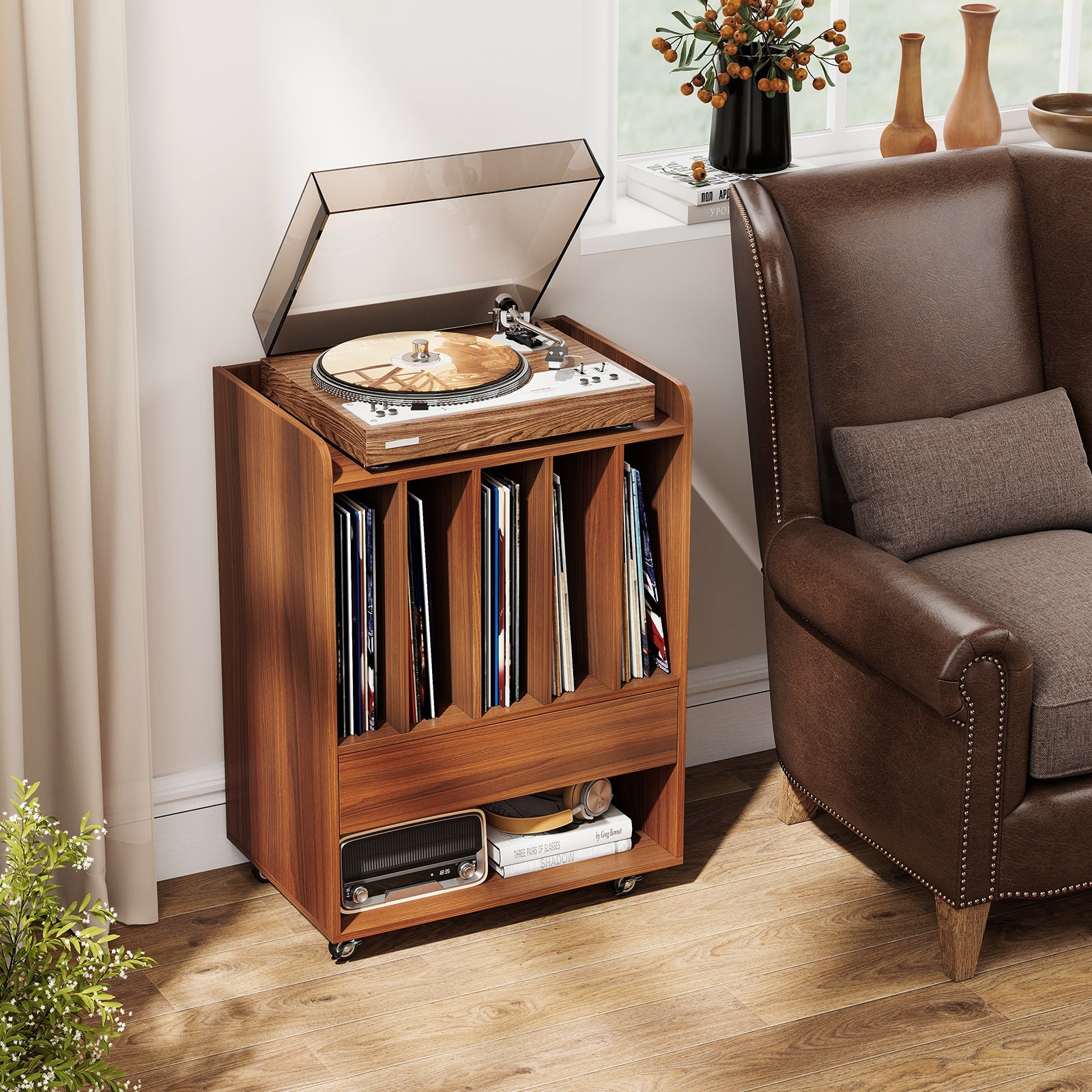 Record Player Stand Turntable Stand with Drawer and Record Holder