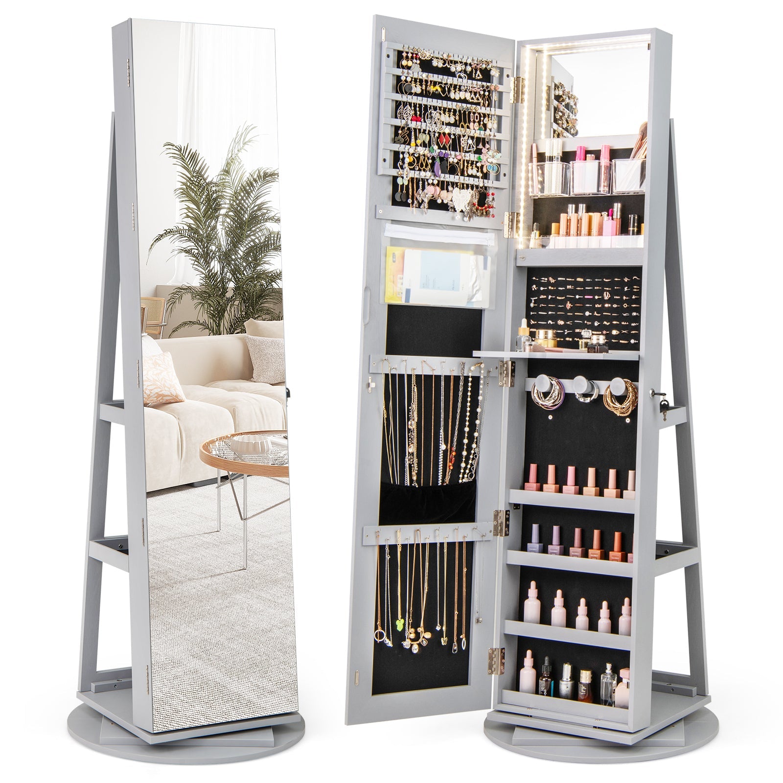 360° Rotating Mirrored Jewelry Cabinet Armoire 3 Color LED Modes Lockable