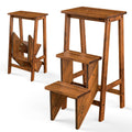 3-in-1 Rubber Wood 3 Tier Folding Step Stool Ladder Storage Shelf-Coffee