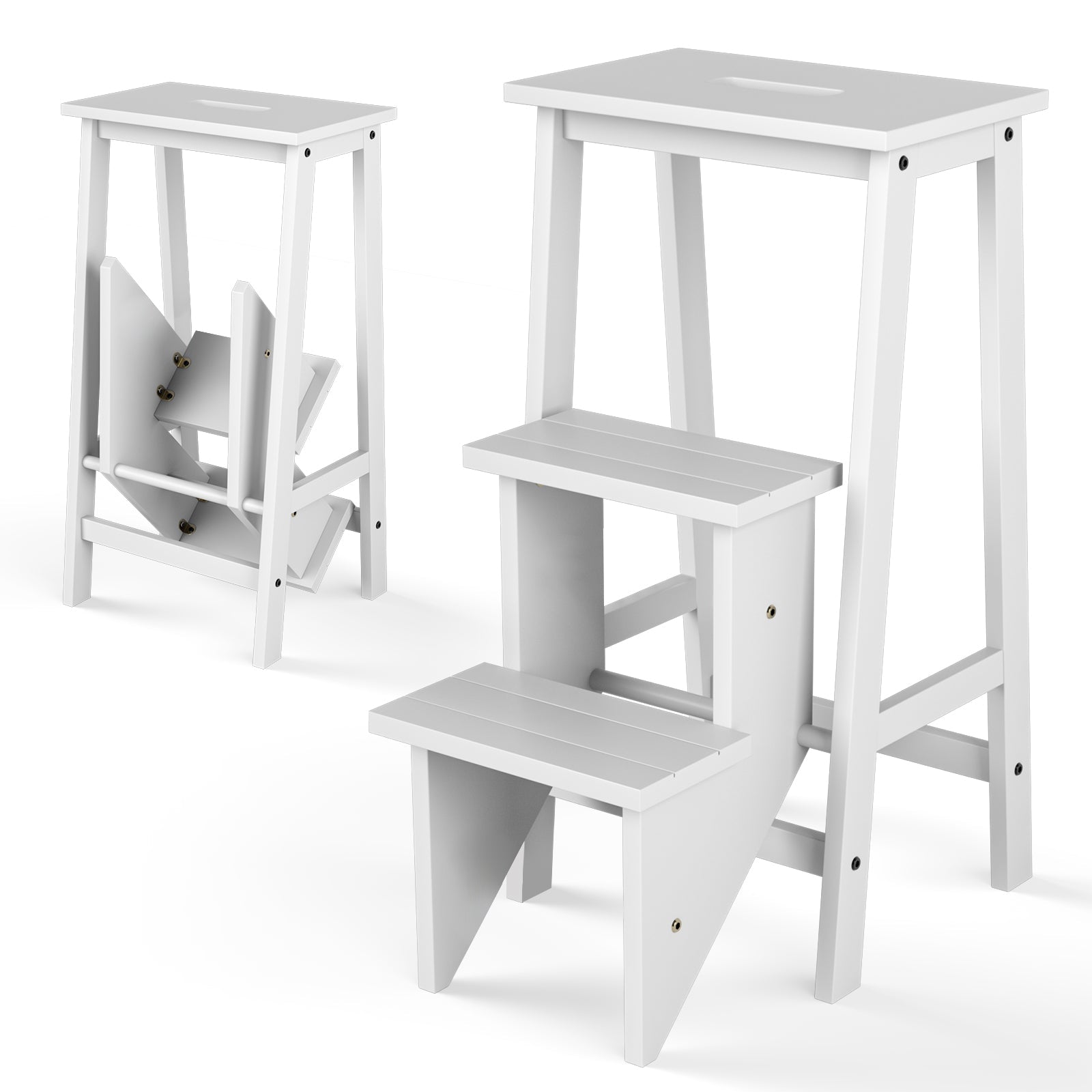3-in-1 Rubber Wood 3 Tier Folding Step Stool Ladder Storage Shelf-Coffee