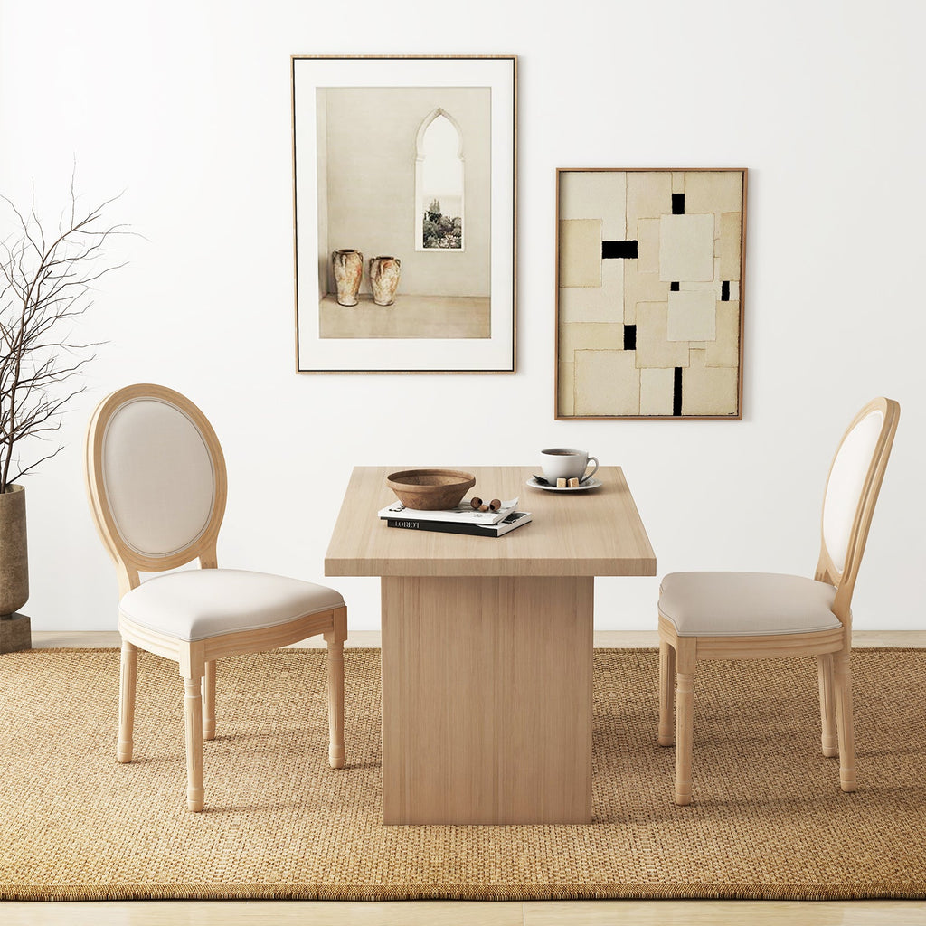 Rubber Wood Kitchen French Dining Chair Set of 2 with Sponge Padding and Round Backrest-Beige