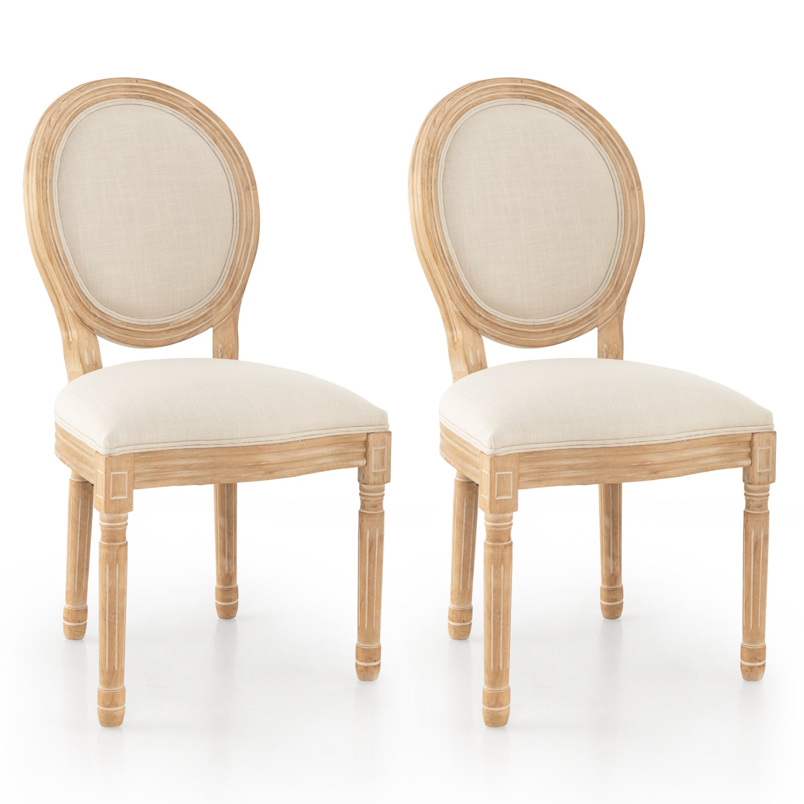 Rubber Wood Kitchen French Dining Chair Set of 2 with Sponge Padding and Round Backrest-Beige
