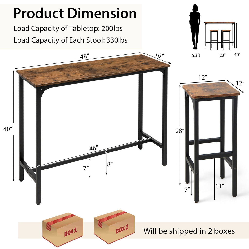 3 Pieces Industrial Bar Table and Chairs Set with Metal Frame-Rustic Brown