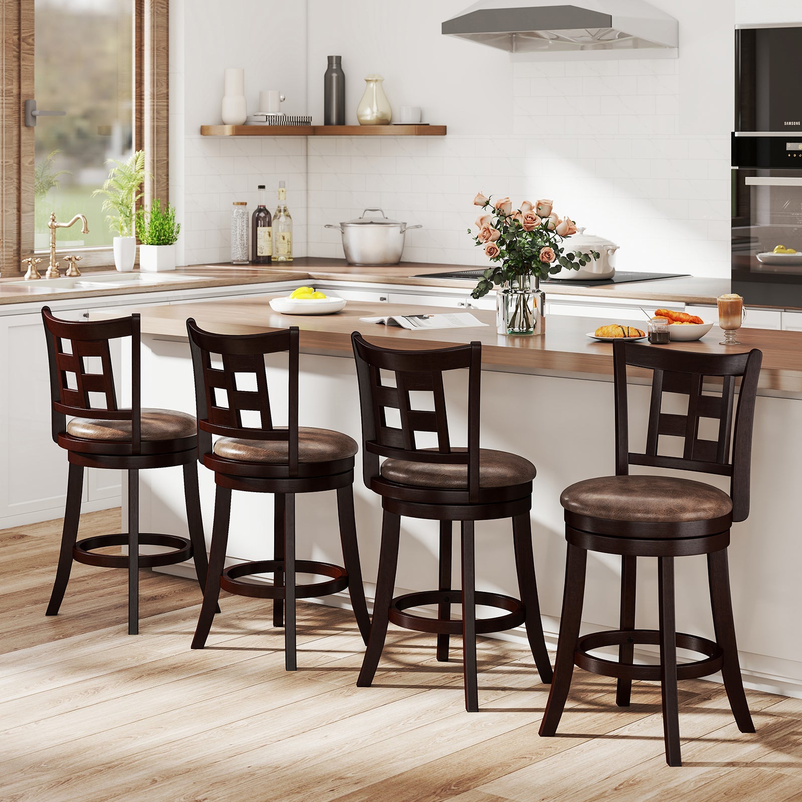 Set of 2 Bar Stools Swivel Bar Chairs with Footrest and Lattice Backrest