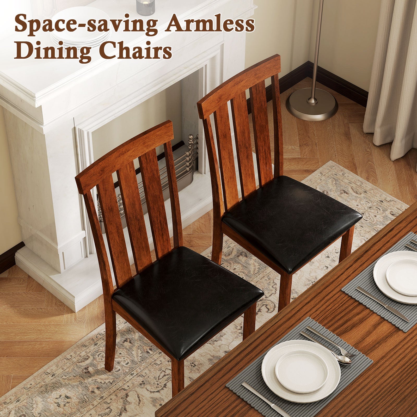 Set of 2 Dining Room Chairs with Rubber Wood Frame PU Leather Seat-Walnut