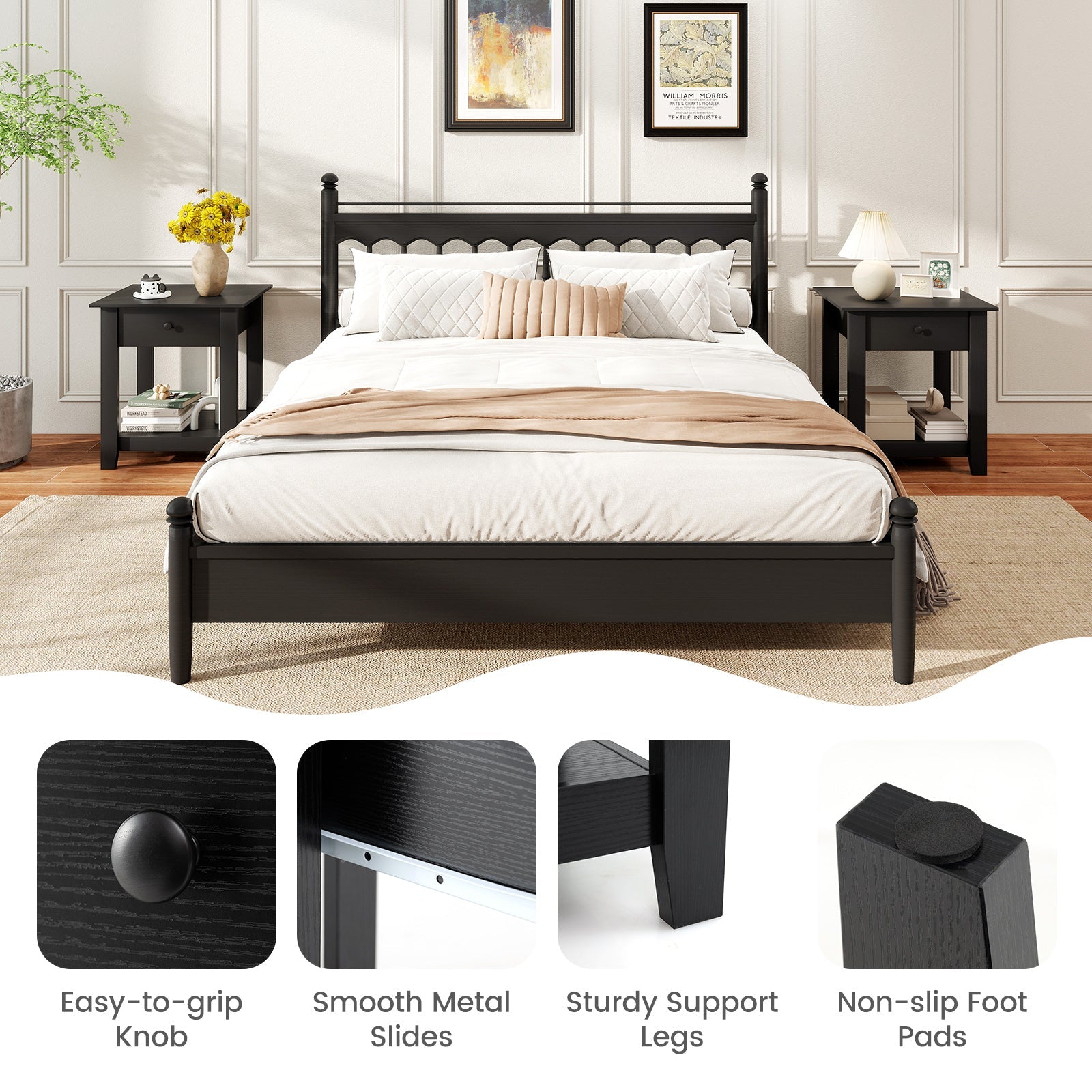 Set of 2 Nightstand with Drawer 3-Tier Modern Bedside Table with Open Shelf and Storage