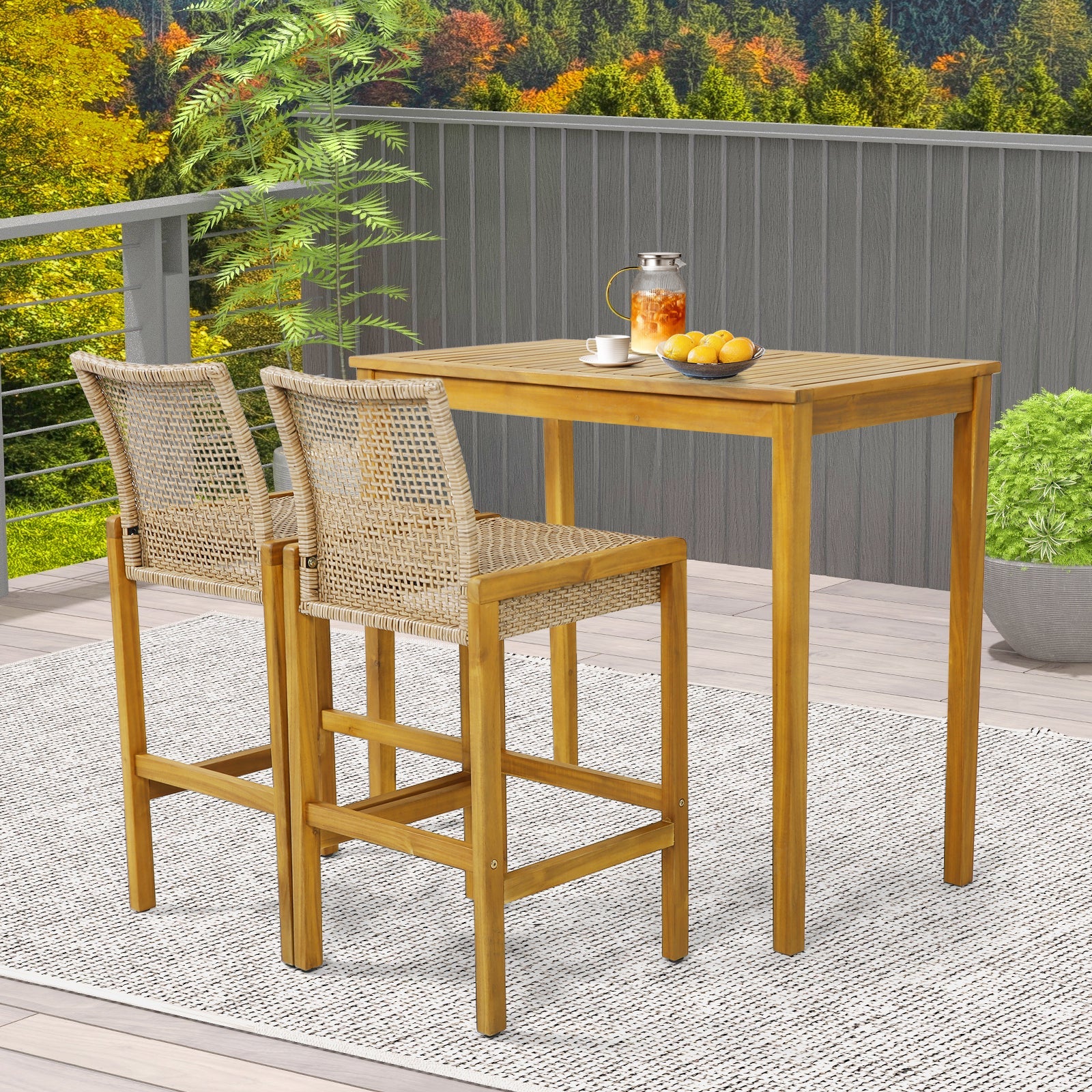 Set of 2 Rattan Patio Wood Barstools Dining Chairs with Backrest-Set of 2