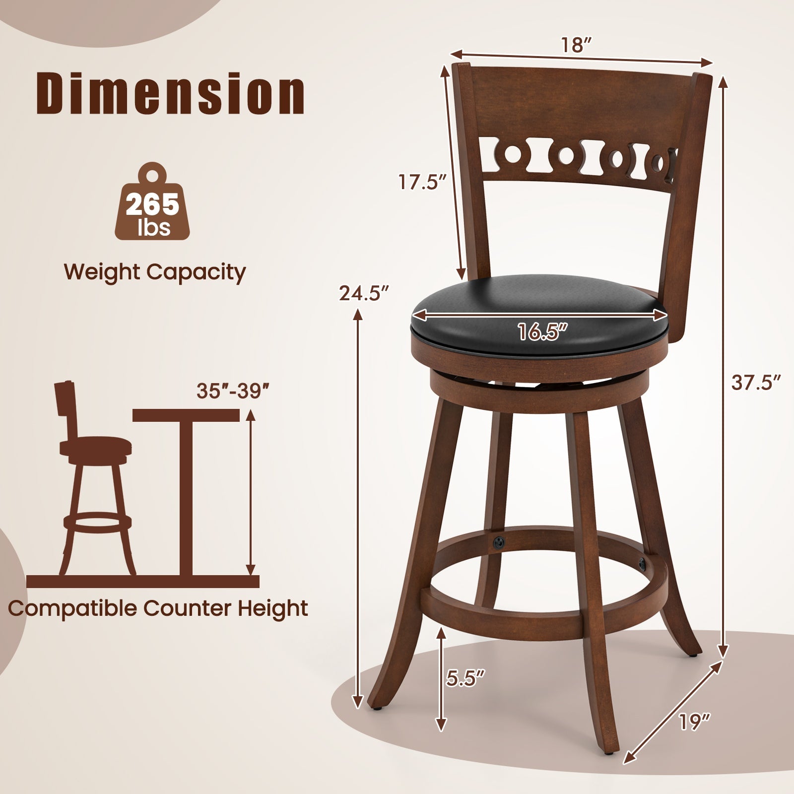 Set of 2 Swivel Bar Stools with Rubber Wood Frame
