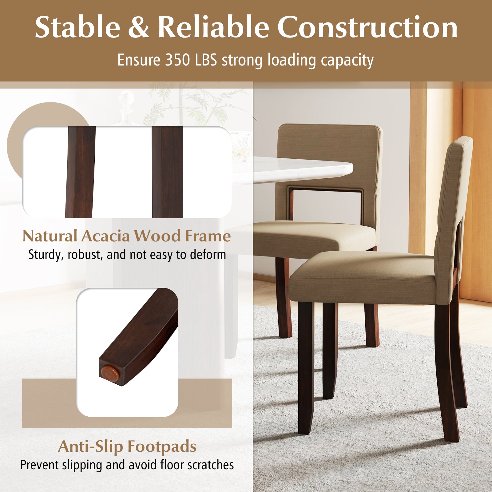 Set of 2 Wooden Dining Chair with Acacia Wood Frame Padded Seat and Back