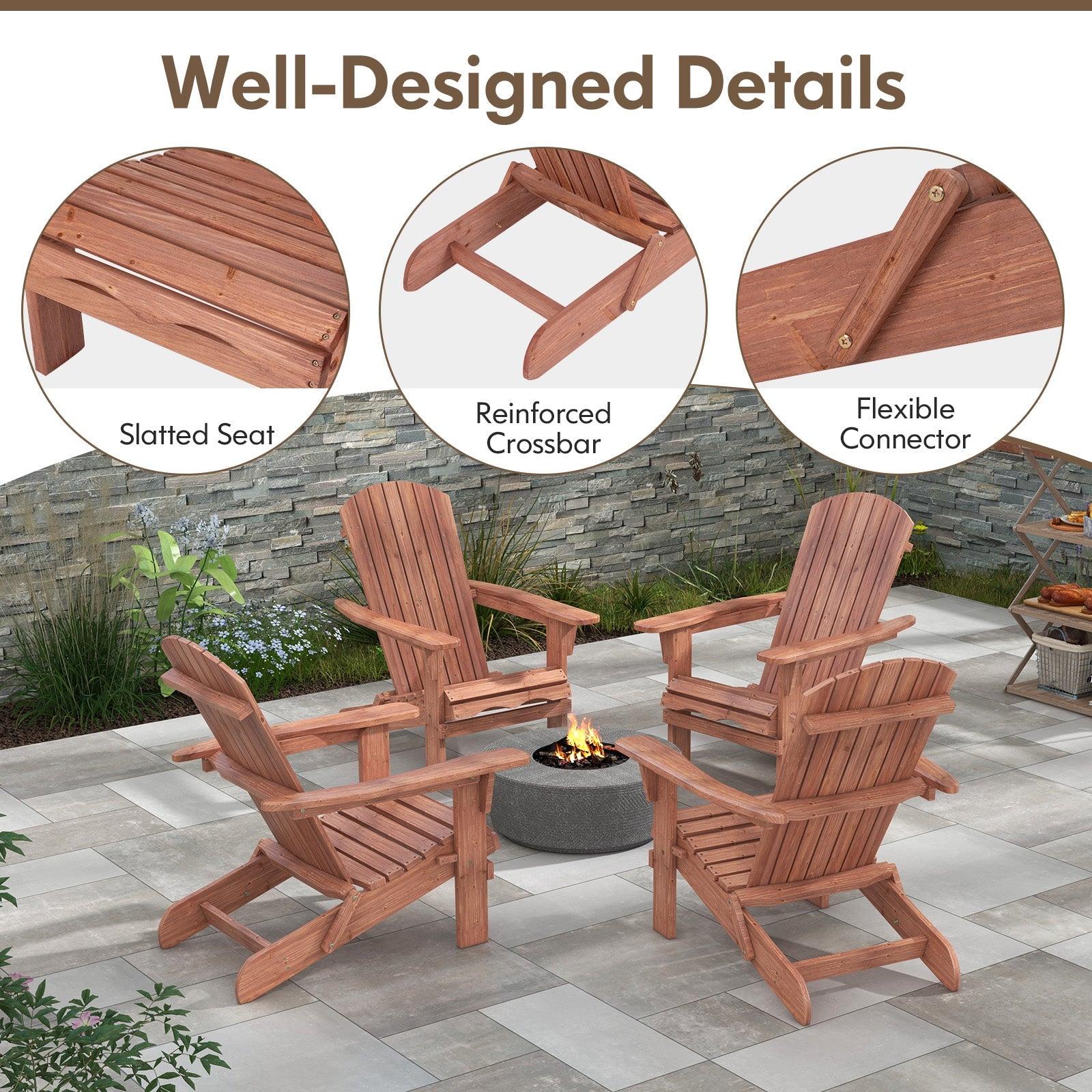 Folding Adirondack Chair Set of 2 with High Backrest and Wide Armrests