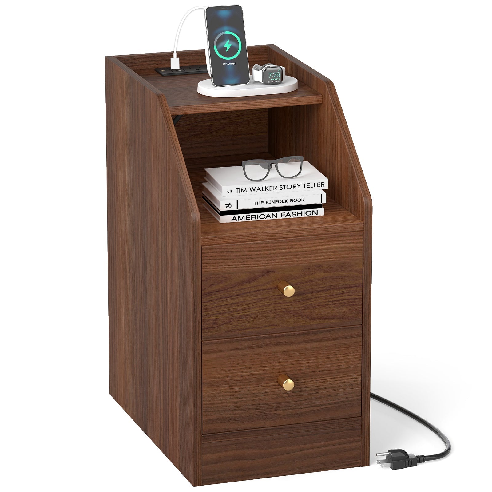 Side End Table with Charging Station Sofa Couch Table with Shelf Drawers