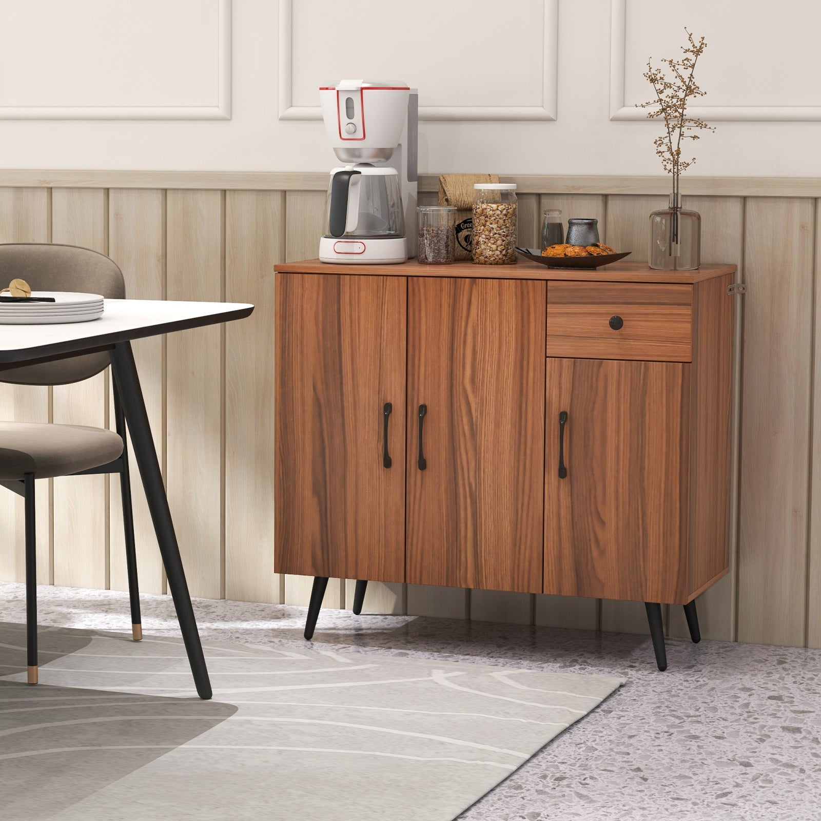 Sideboard Cabinet with 3 Doors and Pull out Drawer Adjustable Shelves-Walnut