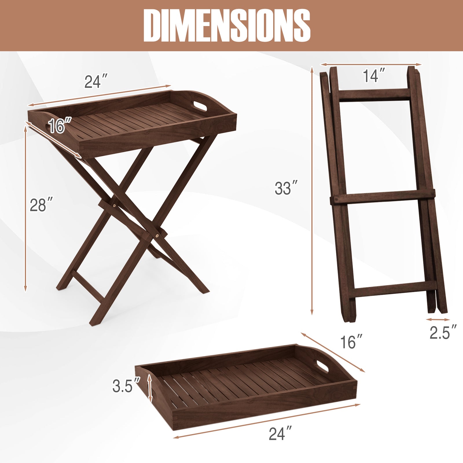 Solid Teak Wood Tray Table with Removable Tray Top for Patio and Garden
