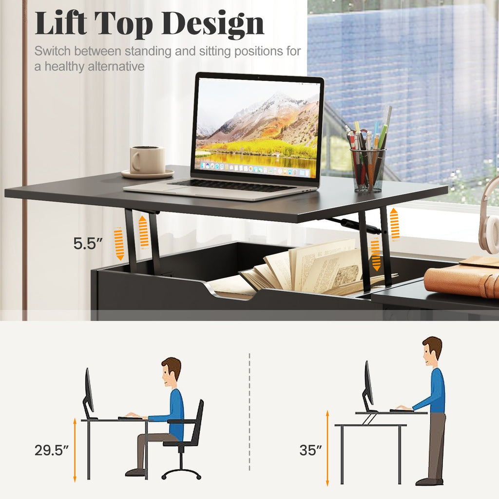 Space Saving Computer Desk with Hidden Compartment and Open Storage Shelves-Black