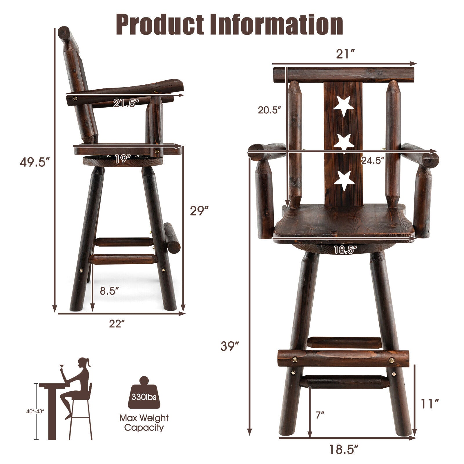 29 Inch Wooden Swivel Bar Stool with Footrest Backrest Armrest-Brown