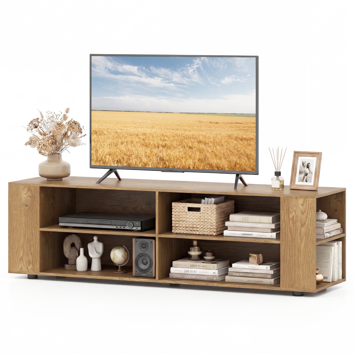 59 Inch Console Storage Entertainment Media Wood TV Stand-Walnut