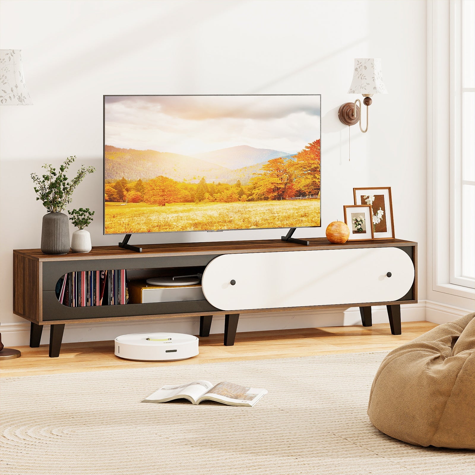 TV Stand for 80 Inch TVs Mid Century Modern Entertainment Center with Sliding Door Cabinet-Walnut