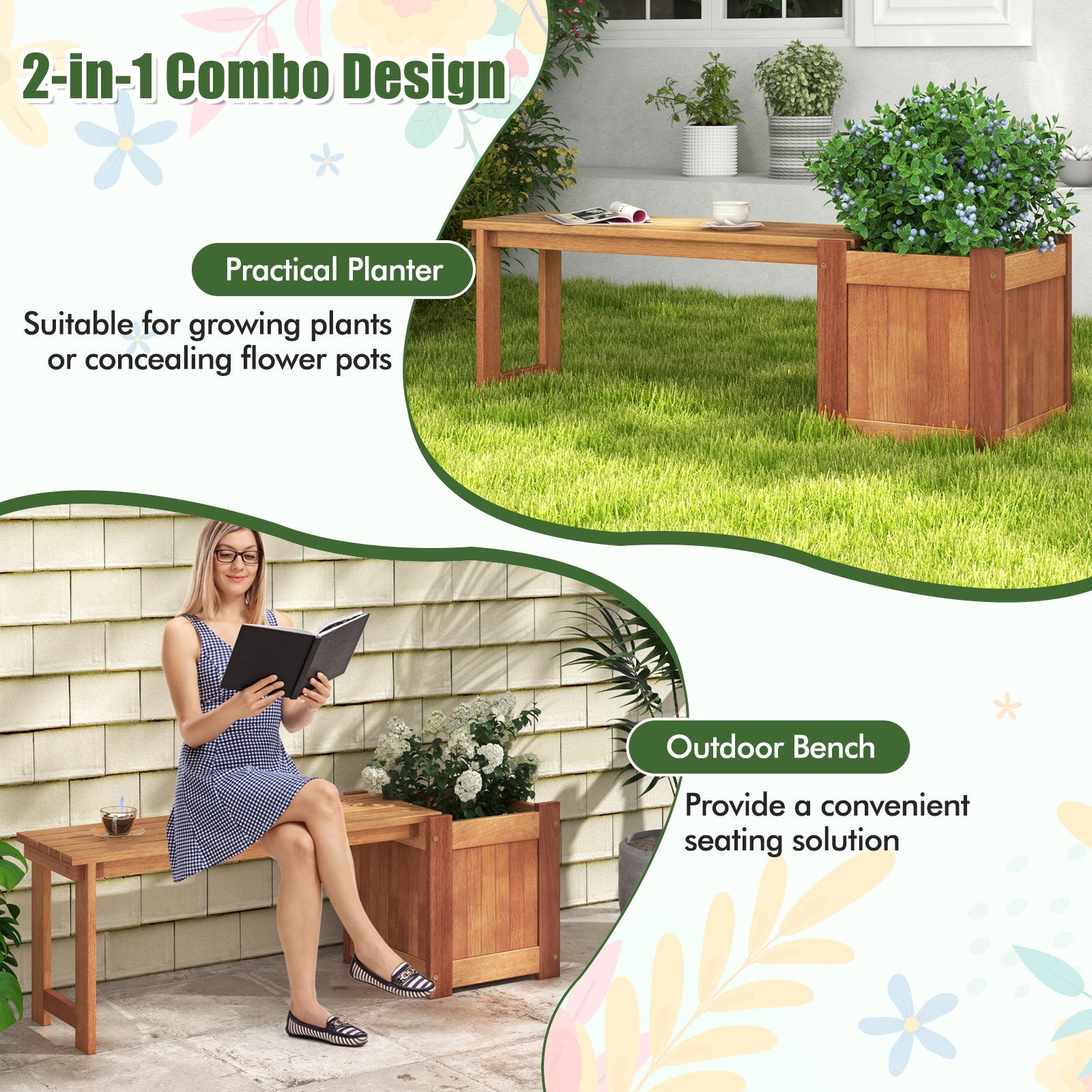 Teak Oil Finish Raised Garden Bed Wood Planter Box with Bench
