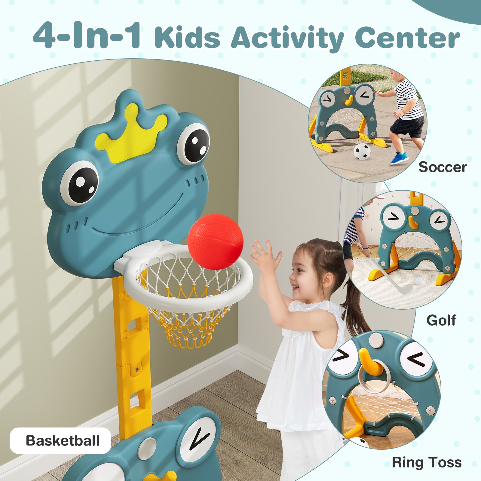 4-in-1 Toddler Basketball Hoop with Rim and Soccer Goal for 3+ Kids