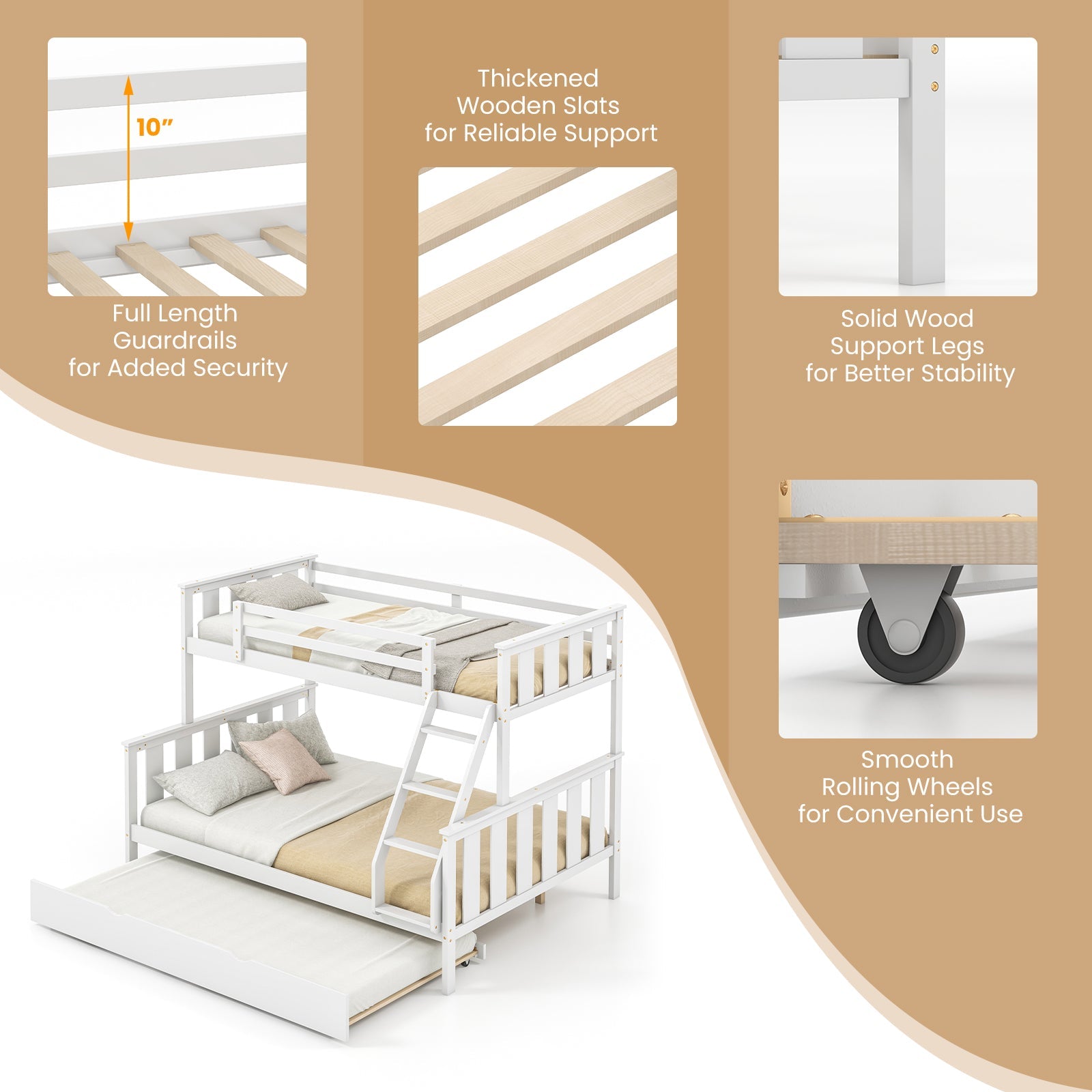 3-in-1 Twin Over Full Bunk Bed with Trundle and Ladder
