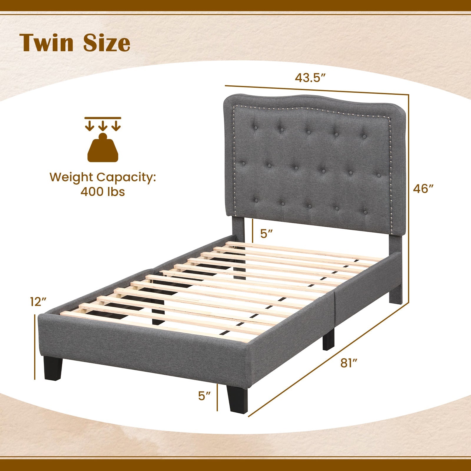 Twin Size Bed Frame with 46 Inch Tall Button Tufted Headboard-Gray