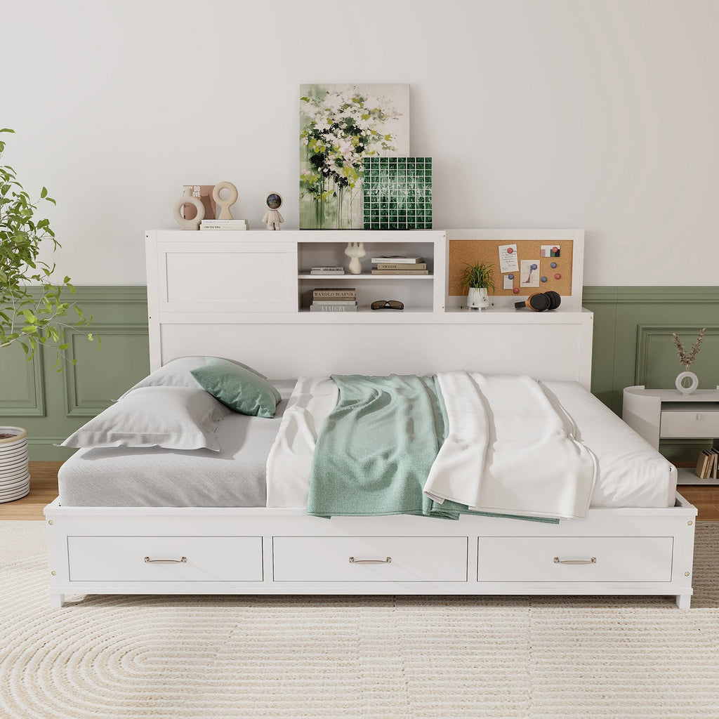 Twin/Full Size Wooden Daybed with 3 Drawers with Storage Shelves