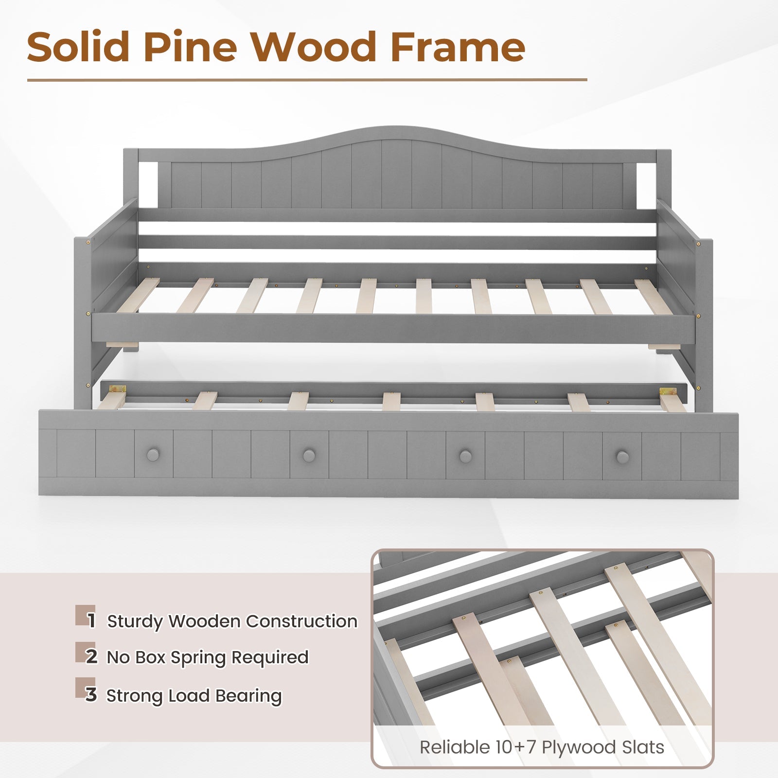 Twin Size Daybed with Trundle and Slats Support on Wheels