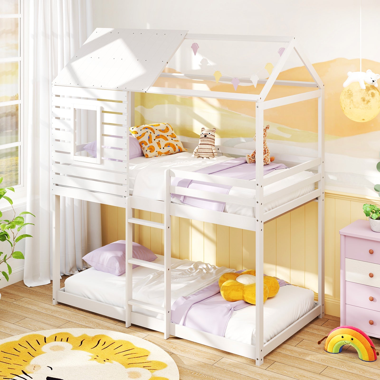 Twin over Twin House Bunk Bed with Roof and Full-length Guardrails-White