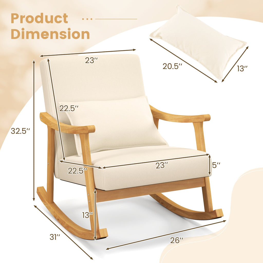 Upholstered Rocking Chair with Pillow and Rubber Wood Frame