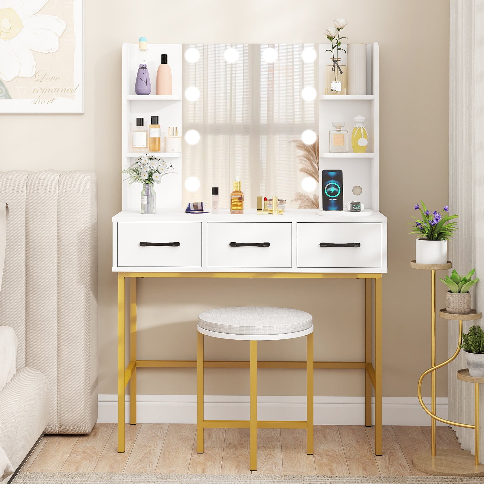 Vanity Desk with Mirror and Lights Makeup Dressing Table and Cushioned Stool Set-White