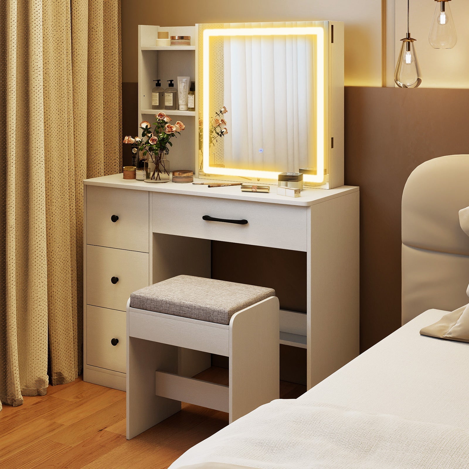 Vanity Desk with Sliding Mirror and Lights Makeup Table and Chair Set with 4 Drawers-White