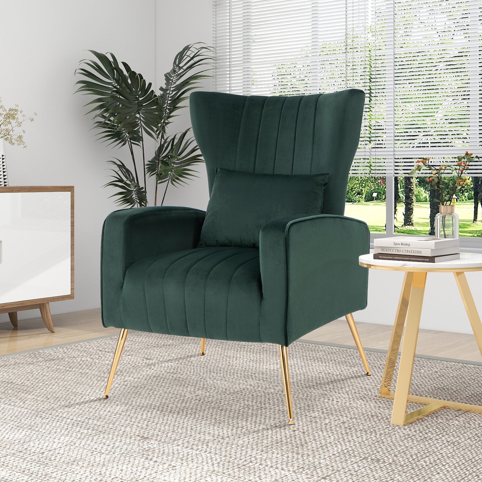 Velvet Upholstered Wingback Chair with Lumbar Pillow and Golden Metal Legs