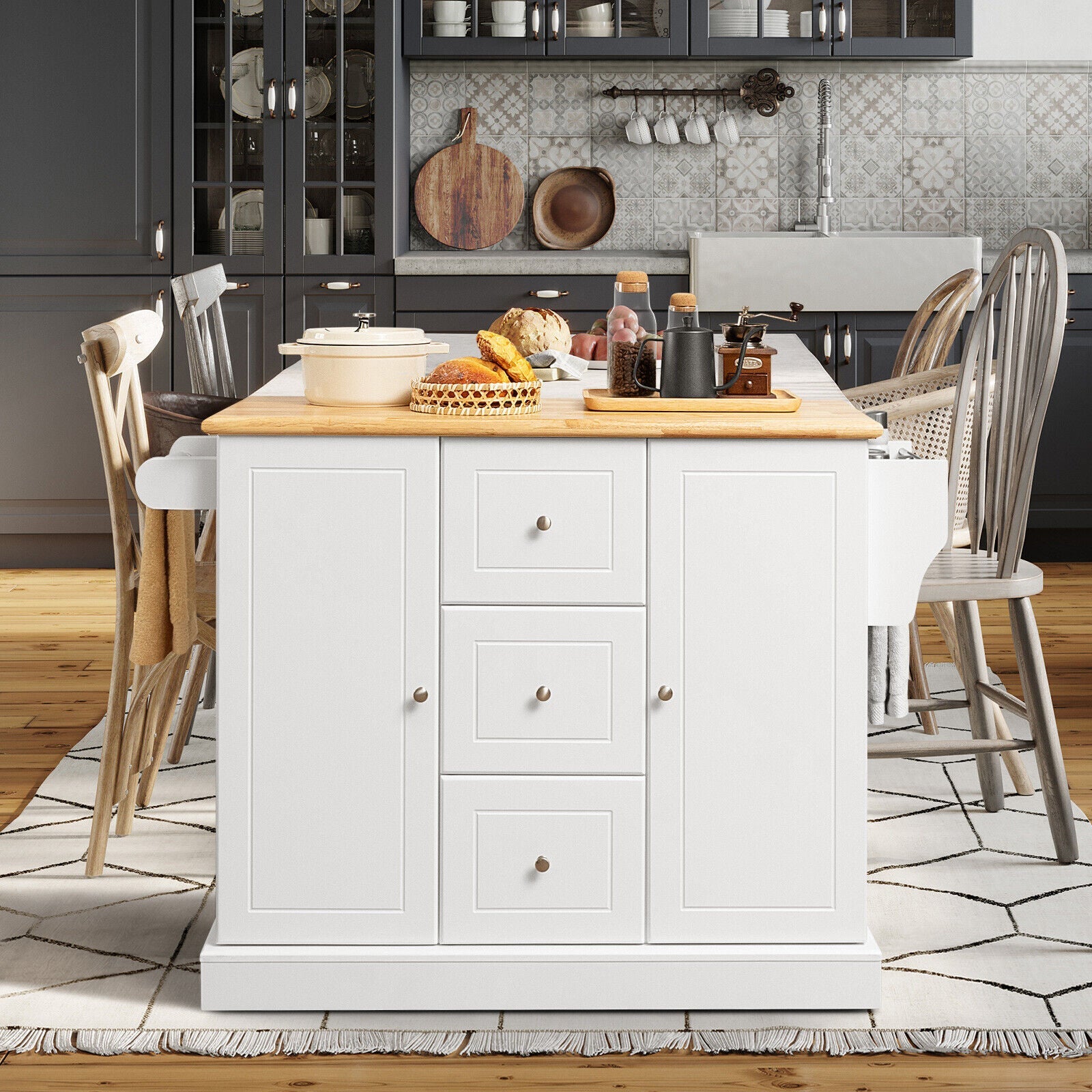 2-Door Large Mobile Kitchen Island Cart with Hidden Wheelsand 3 Drawers