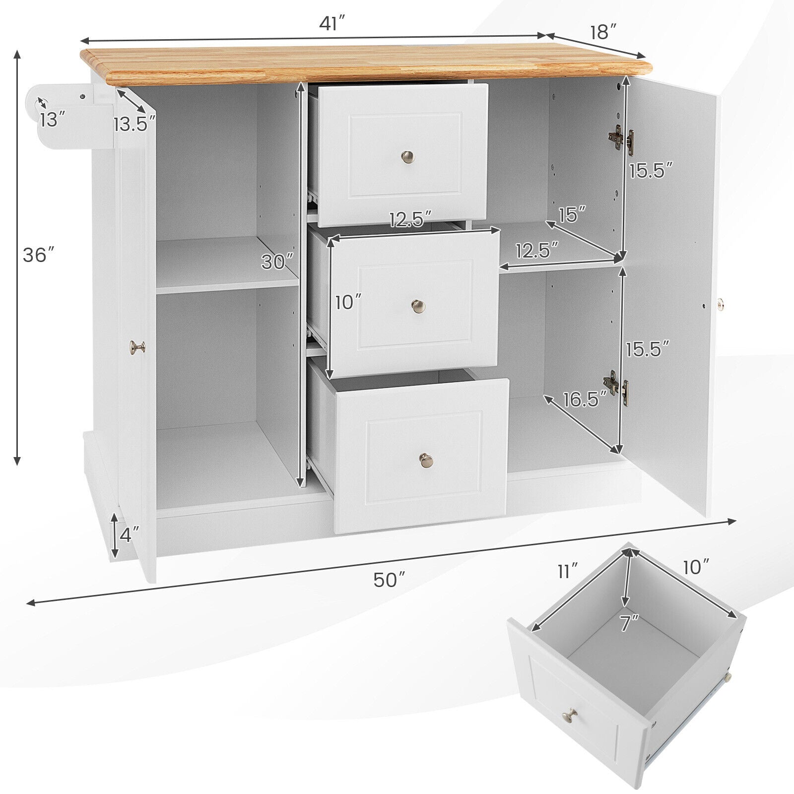 2-Door Large Mobile Kitchen Island Cart with Hidden Wheelsand 3 Drawers