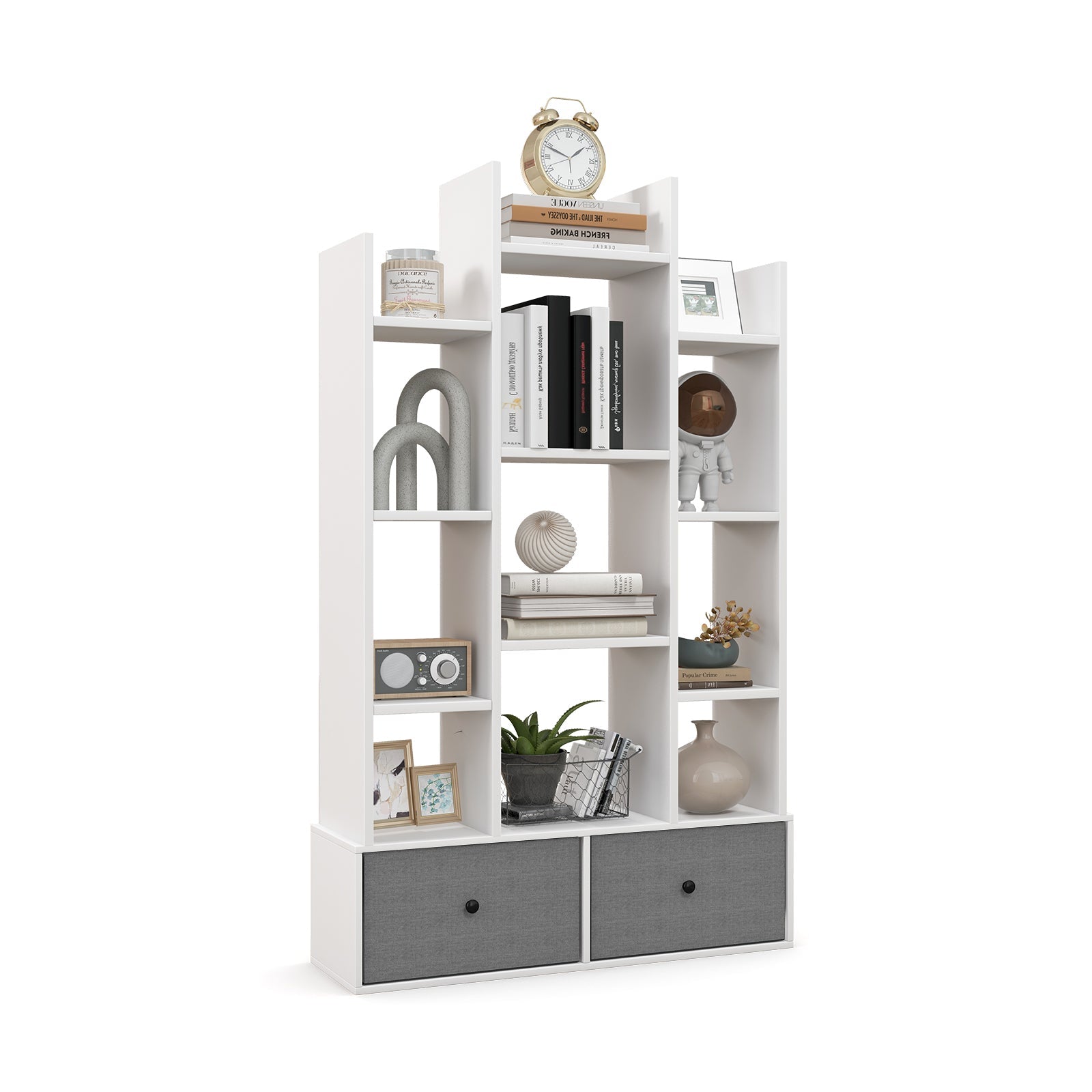 12-Tier Open-Back Freestanding Bookshelf with Drawer