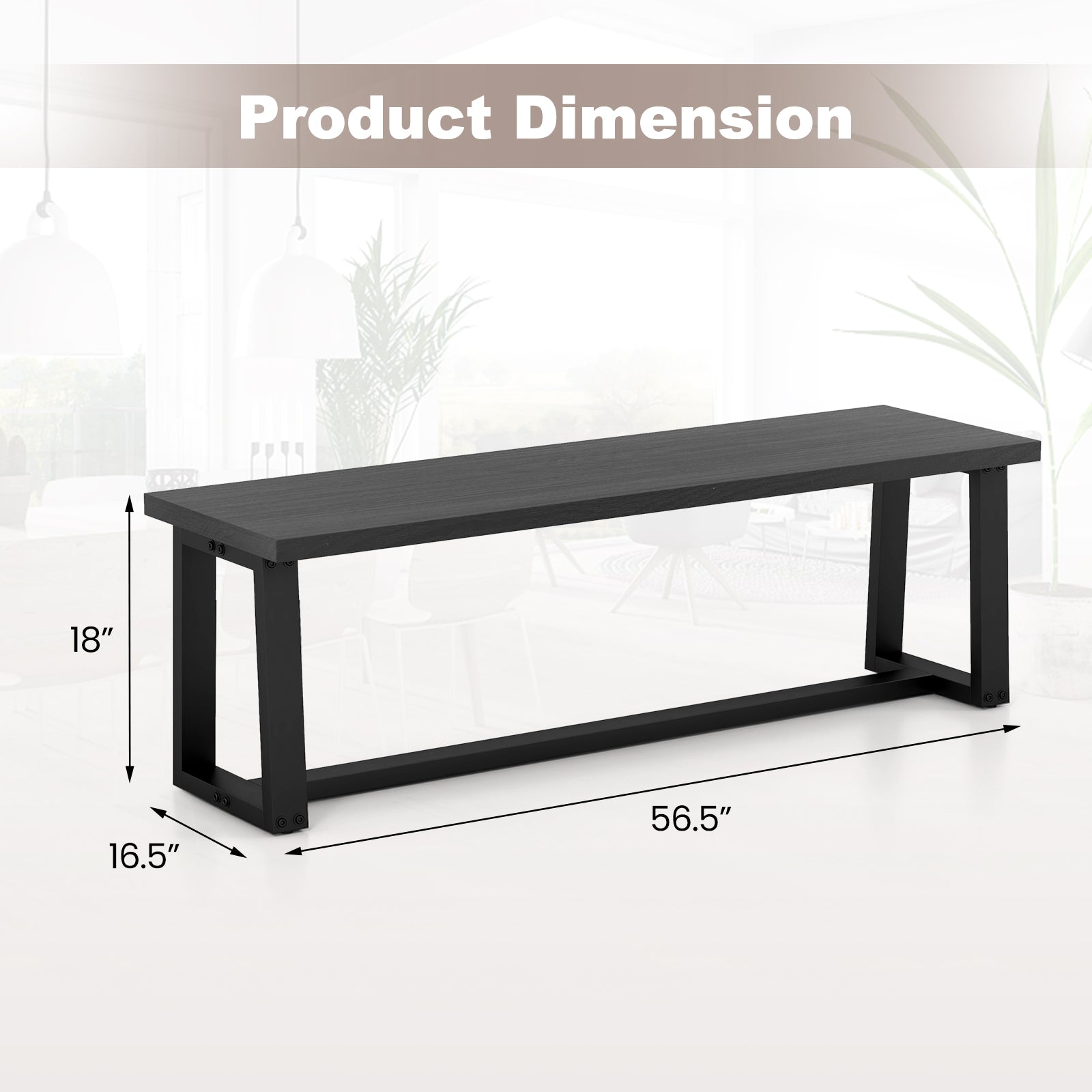 Wood Dining Bench with Metal Frame and Adjustable Footpads