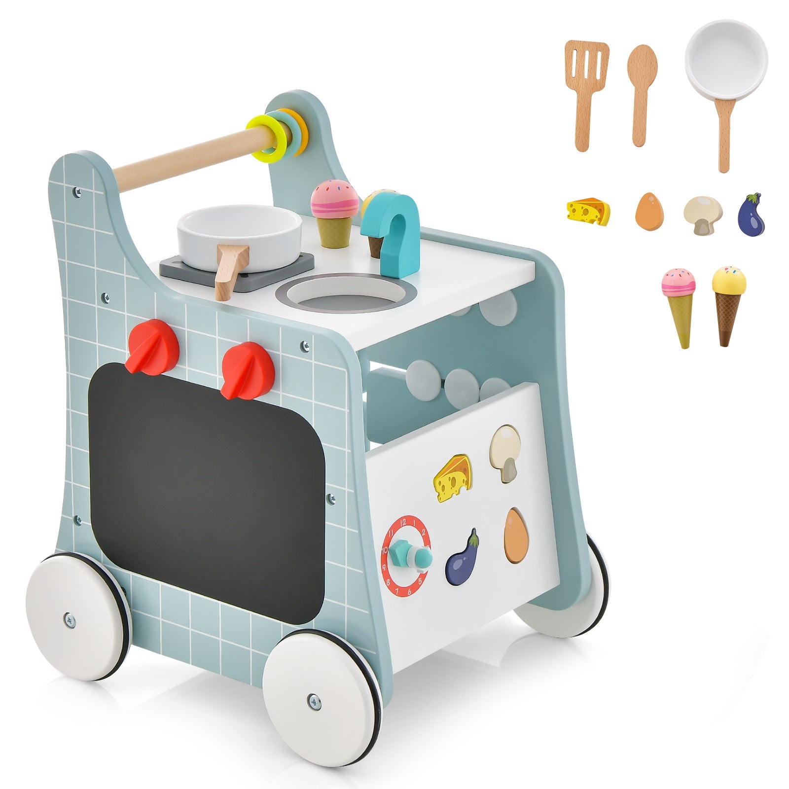6-in-1 Wooden Baby Stroller with Play Kitchen for Kids Over 12 Months