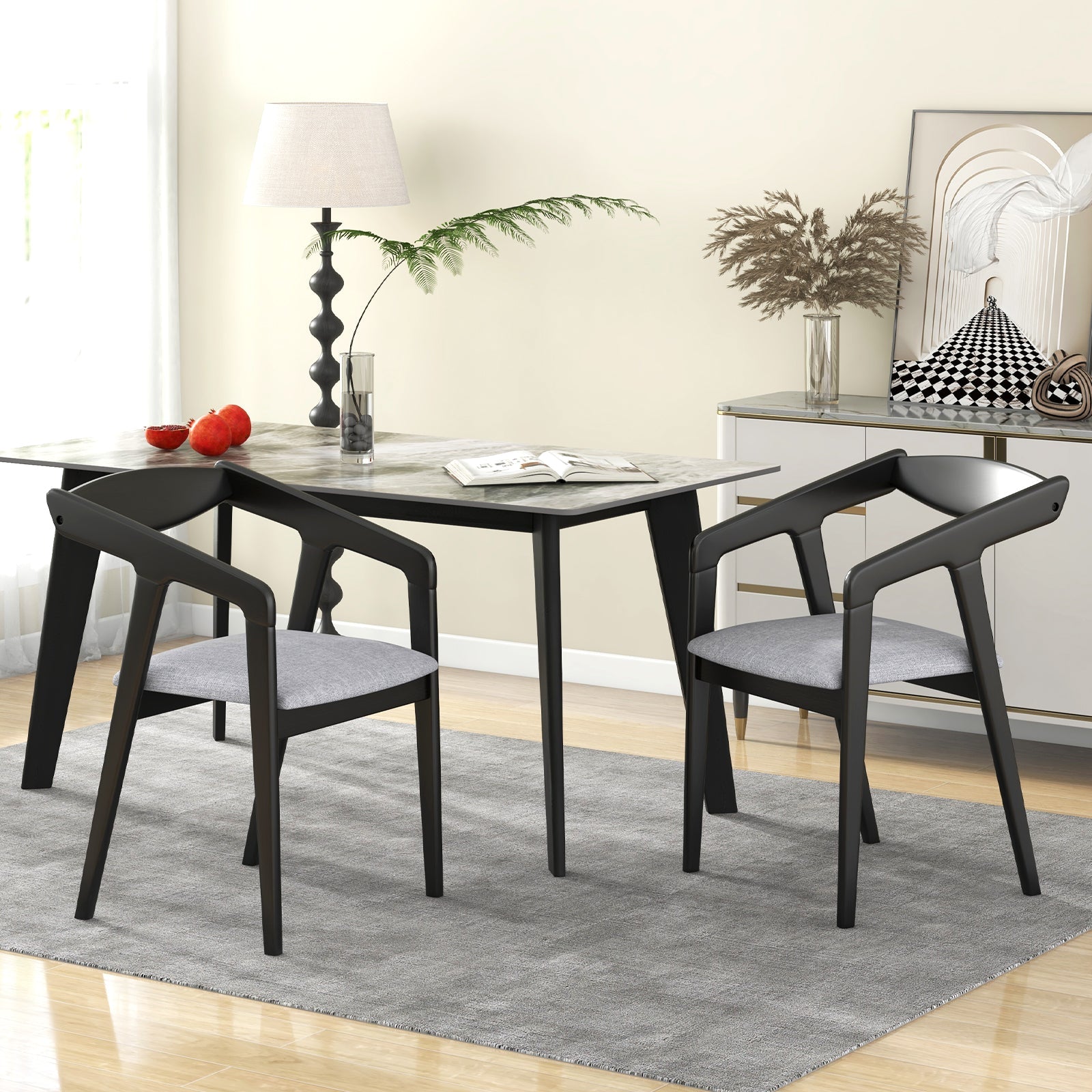 Wooden Dining Chair Set of 2 with Rubber Wood Frame  Armrests and Padded Cushion-black