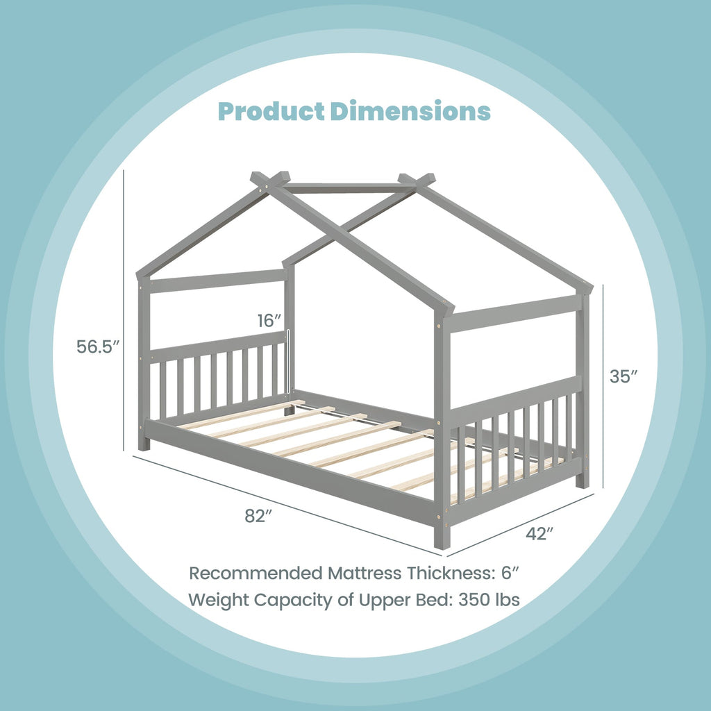 Twin Size Wooden House Bed with Roof