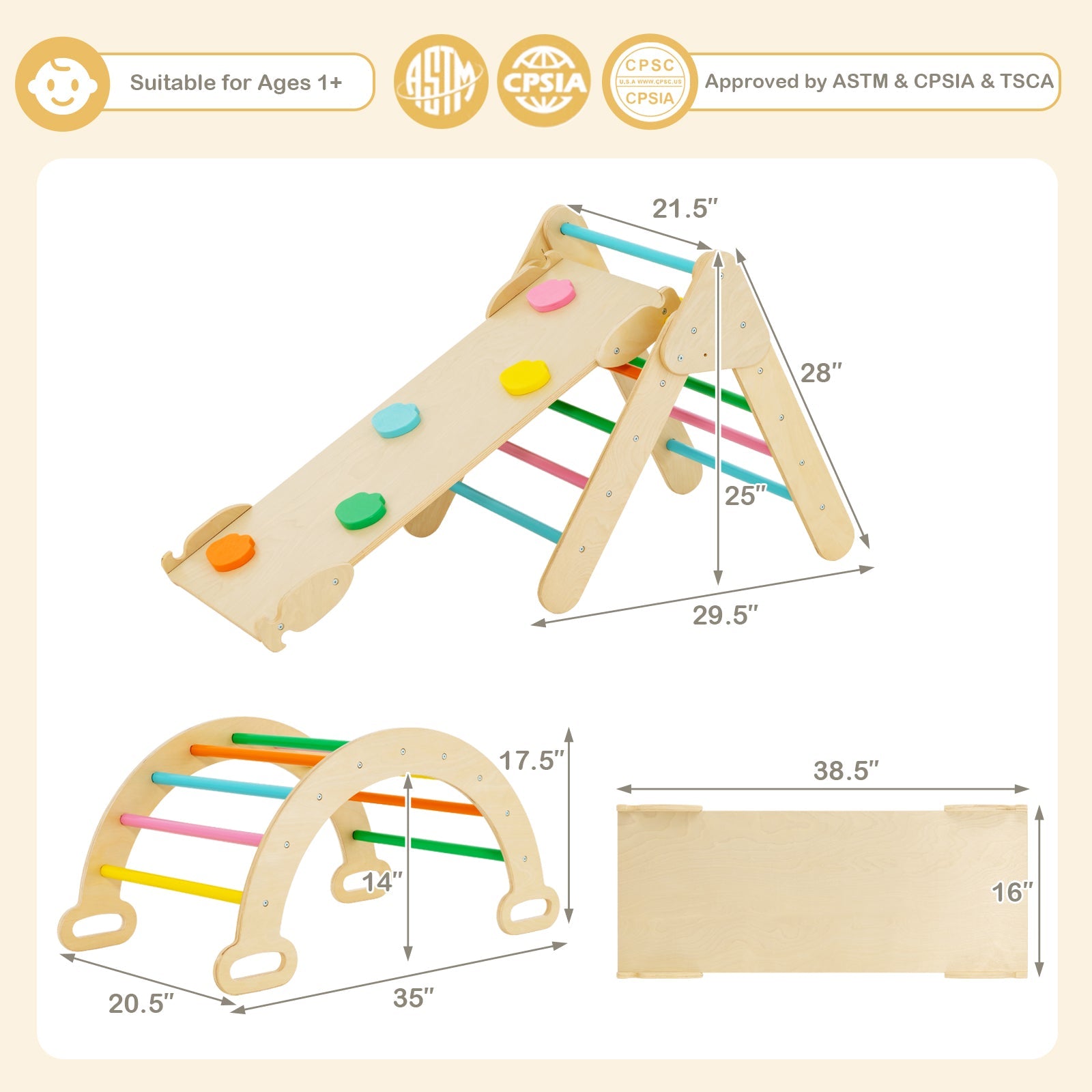 5-in-1 Wooden Kids Climber Toys with Triangle Arch Ramp