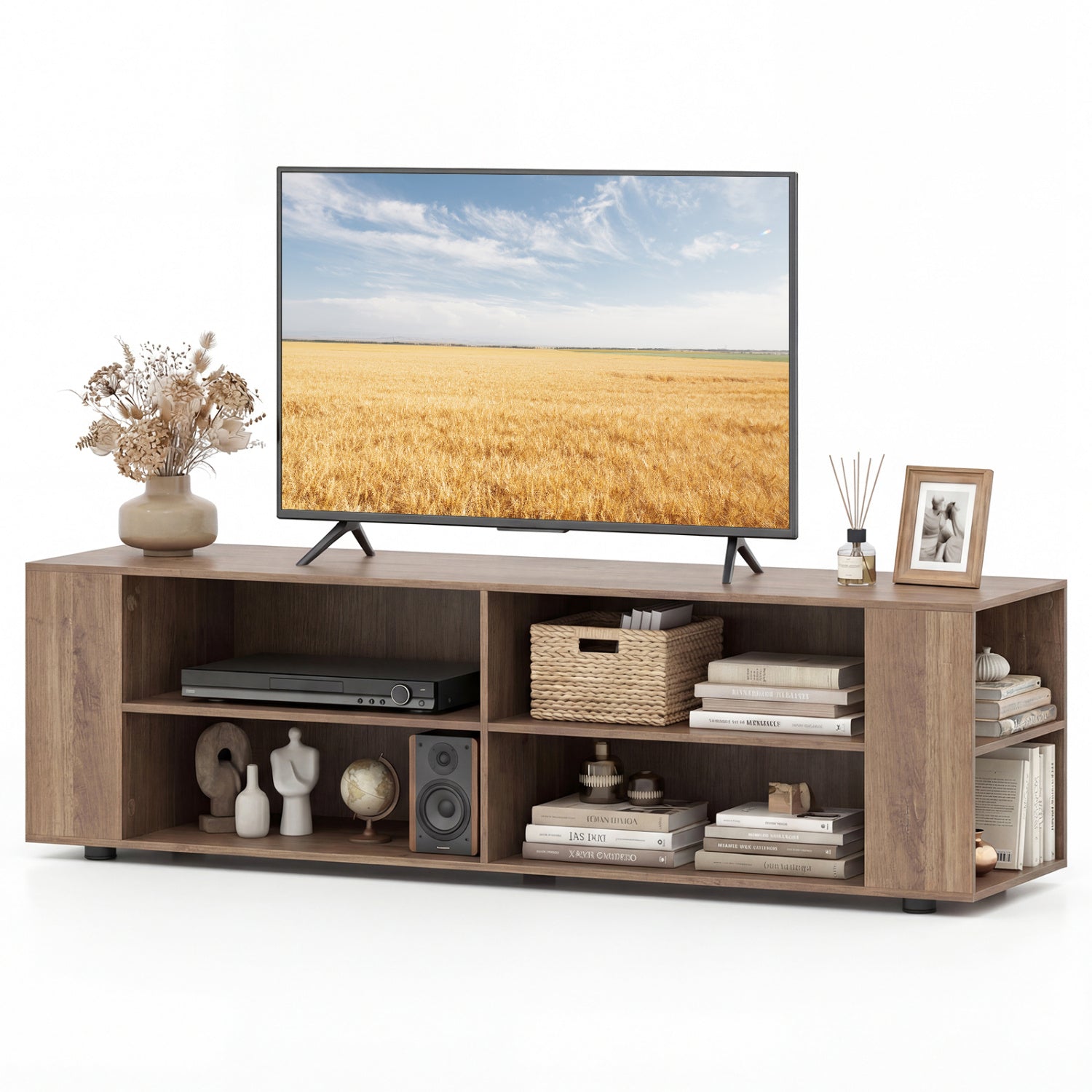 59 Inch Console Storage Entertainment Media Wood TV Stand-Walnut