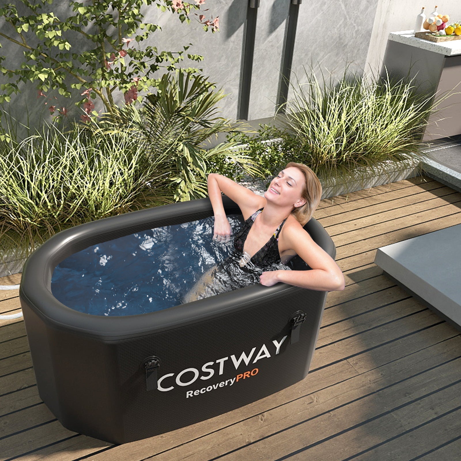 XL 129 Gal Oval Ice Bath Tub with Cover and Hand Pump for Athletes