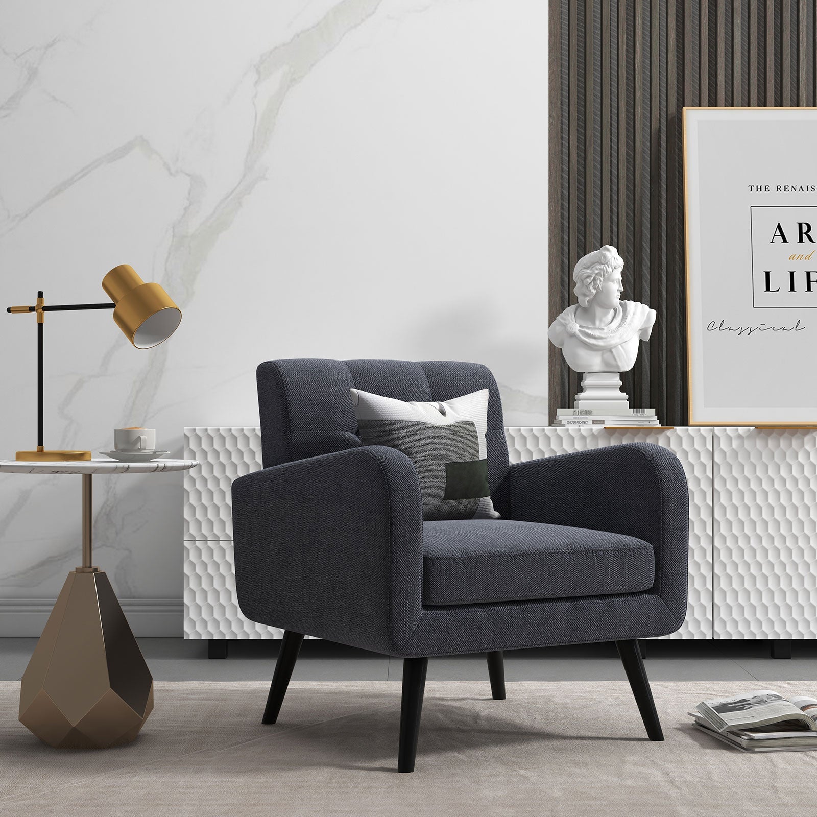 Modern Upholstered Comfy Accent Chair Single Sofa with Rubber Wood Legs