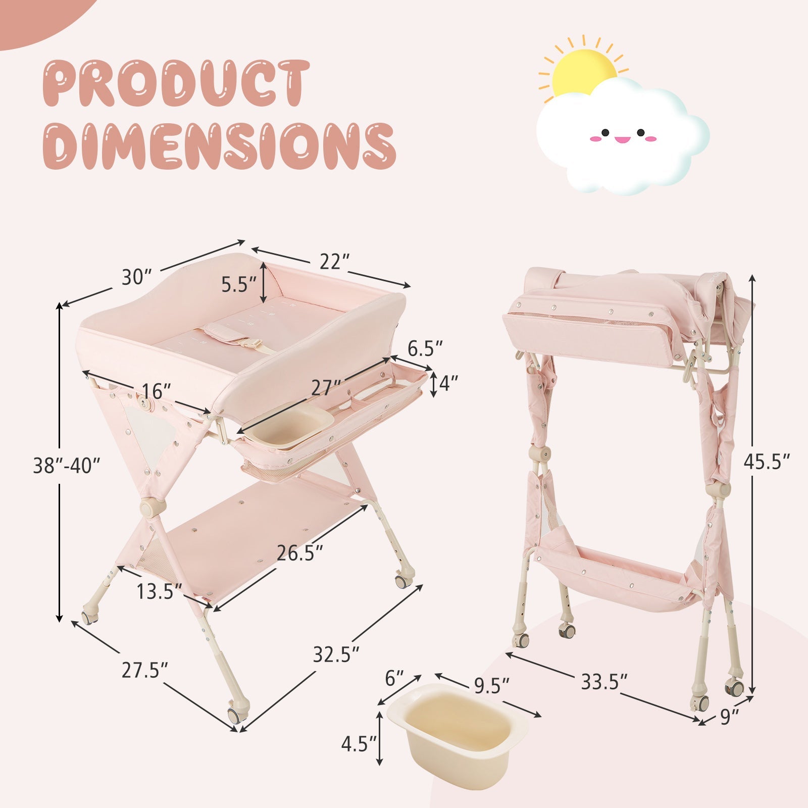 Baby Diaper Changing Table with Water Basin Wheel