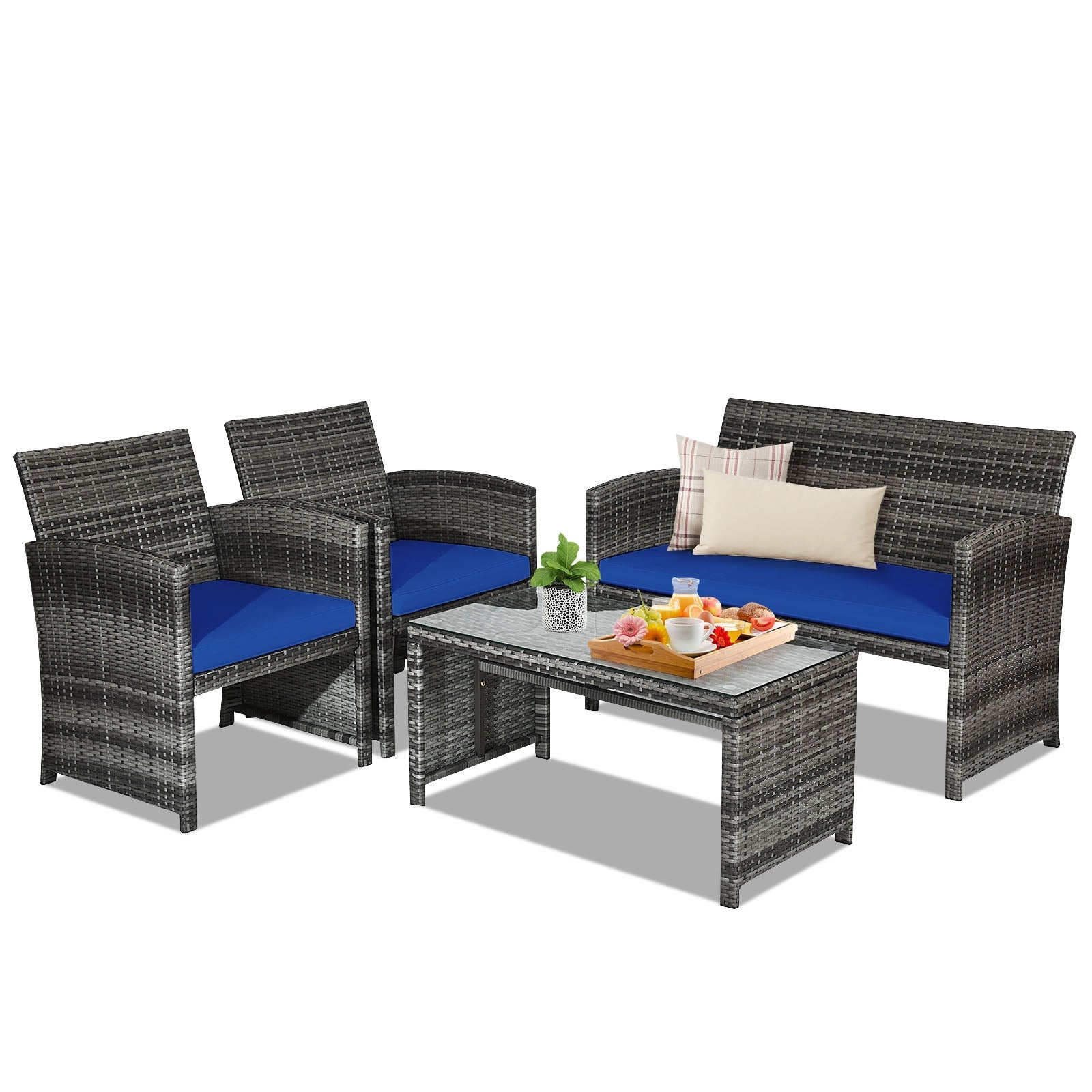 4 Pieces Patio Rattan Furniture Set with Glass Table and Loveseat-Gray
