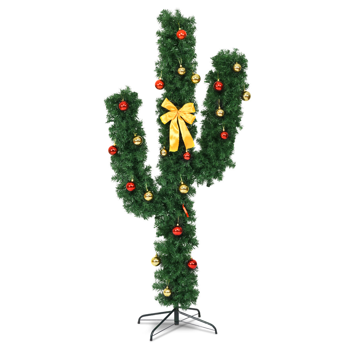 6 Feet Artificial Cactus PVC Christmas Tree with LED Lights and Ball Ornaments