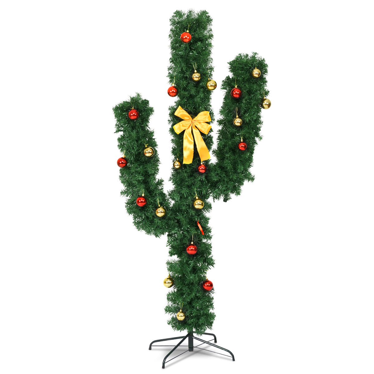 6 Feet Artificial Cactus PVC Christmas Tree with LED Lights and Ball Ornaments